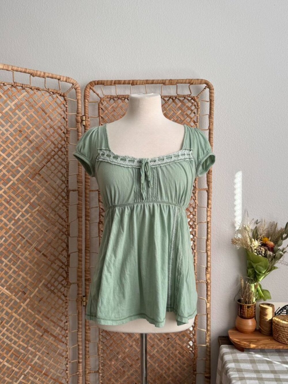 RARE Vintage Y2K Abercrombie & Fitch Milkmaid Babydoll Top in Sage Green - Large - Picture 3 of 8